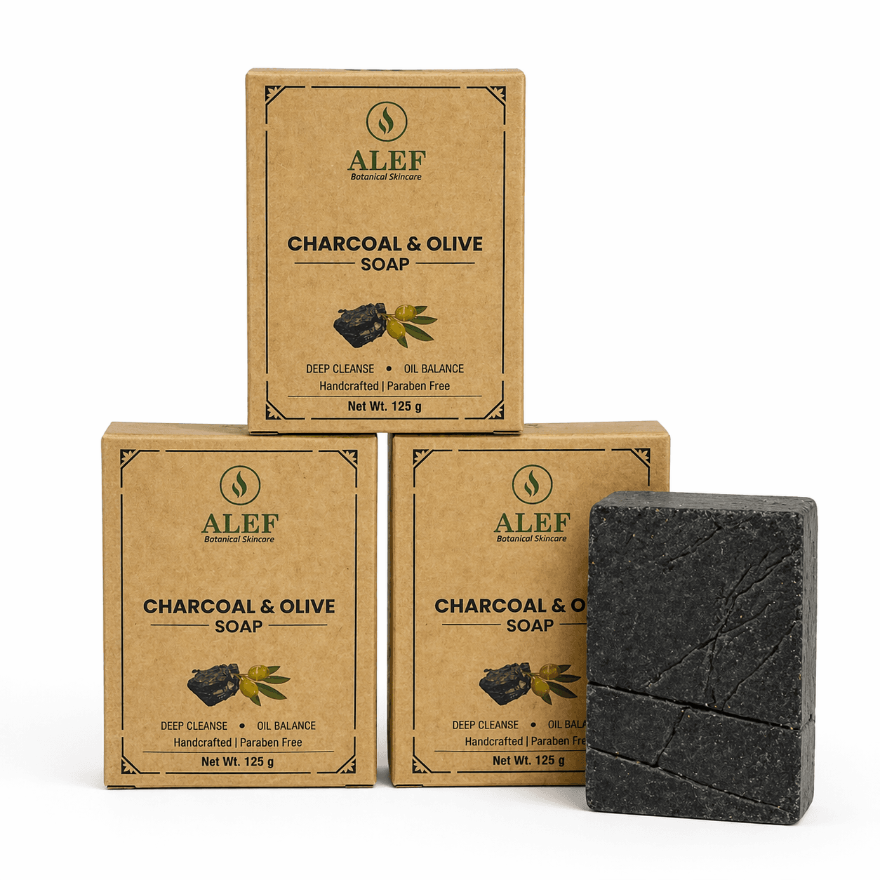 ALEF Charcoal & Olive Soap - Deep Cleanse & Oil Balance (125g, Pack of 3)