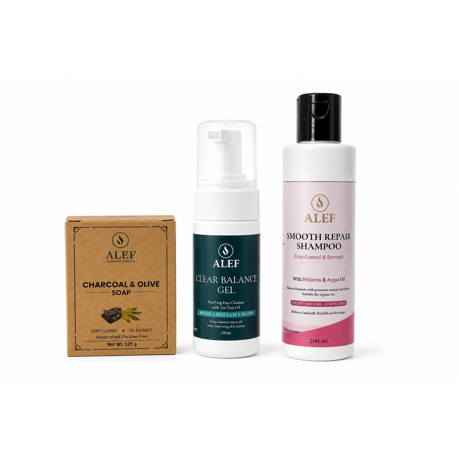 ALEF Basic combo Smooth Repair Shampoo 200ml, Clear Balance Gel of 100 ml, Charcoal and Olive oil Soap 125gm