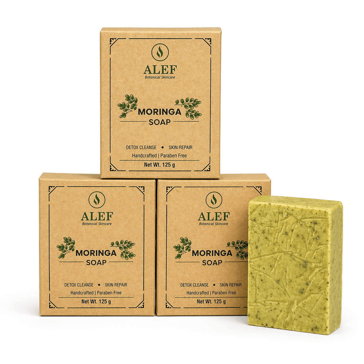 ALEF Moringa Soap - Detox Cleanse & Skin Repair, Handcrafted Paraben Free (125g, Pack of 3)