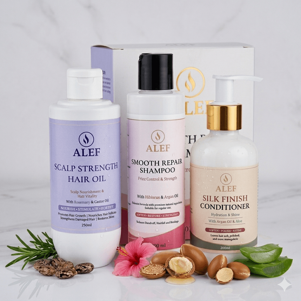 ALEF Hair Care Set - Scalp Strength Oil 250 ml, Smooth Repair Shampoo 200ml& Silk Finish Conditioner 200 ml