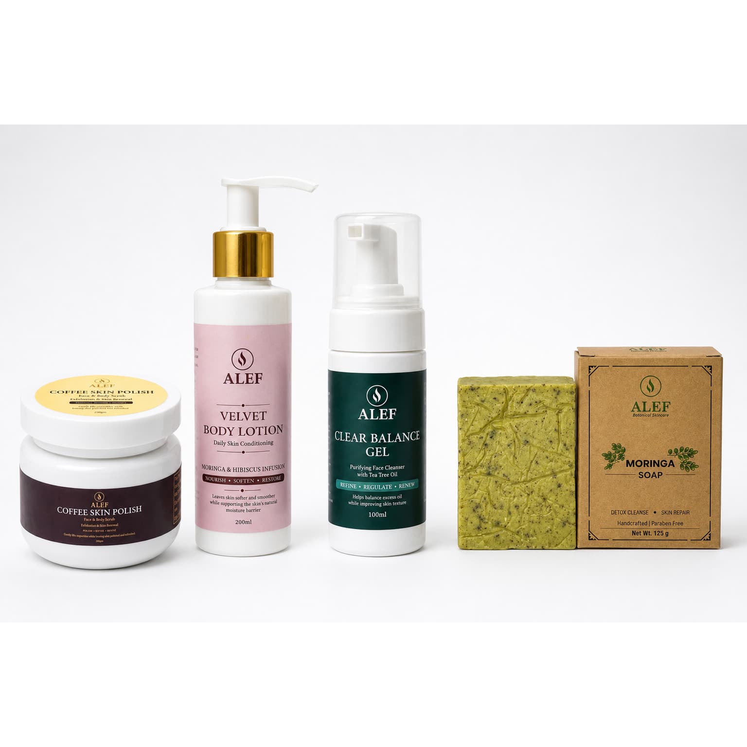 ALEF Complete Skincare Set - Coffee Polish 250 gm, Body Lotion 200 gm, Face Gel 100 ml & Moringa Soap 125 gm