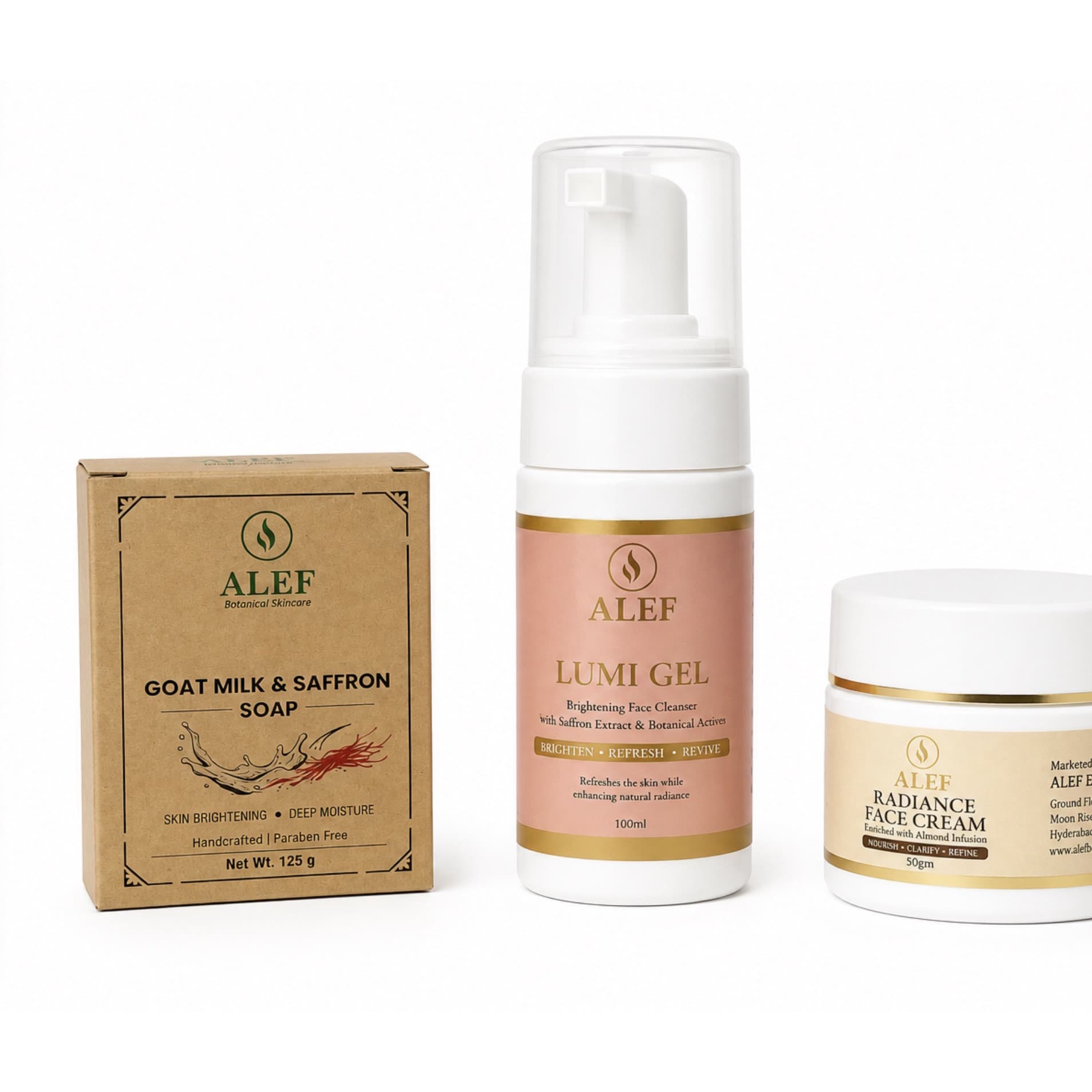 ALEF GLOW Skincare Set - Goat Milk Soap 125 gm , Lumi Gel Cleanser 100 ml & Radiance Face Cream 50 gm