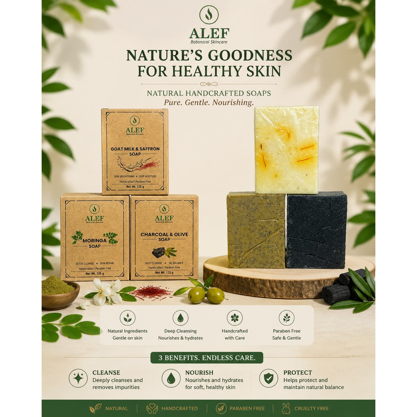 ALEF Handcrafted Soaps Pack of 3 Soaps - Moringa , Charcoal, Goat Milk 125g (Pack of 3)